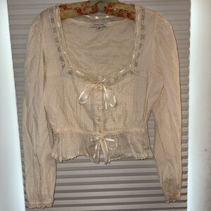 American Eagle Outfitters Cream Crop Blouse with Tie Front